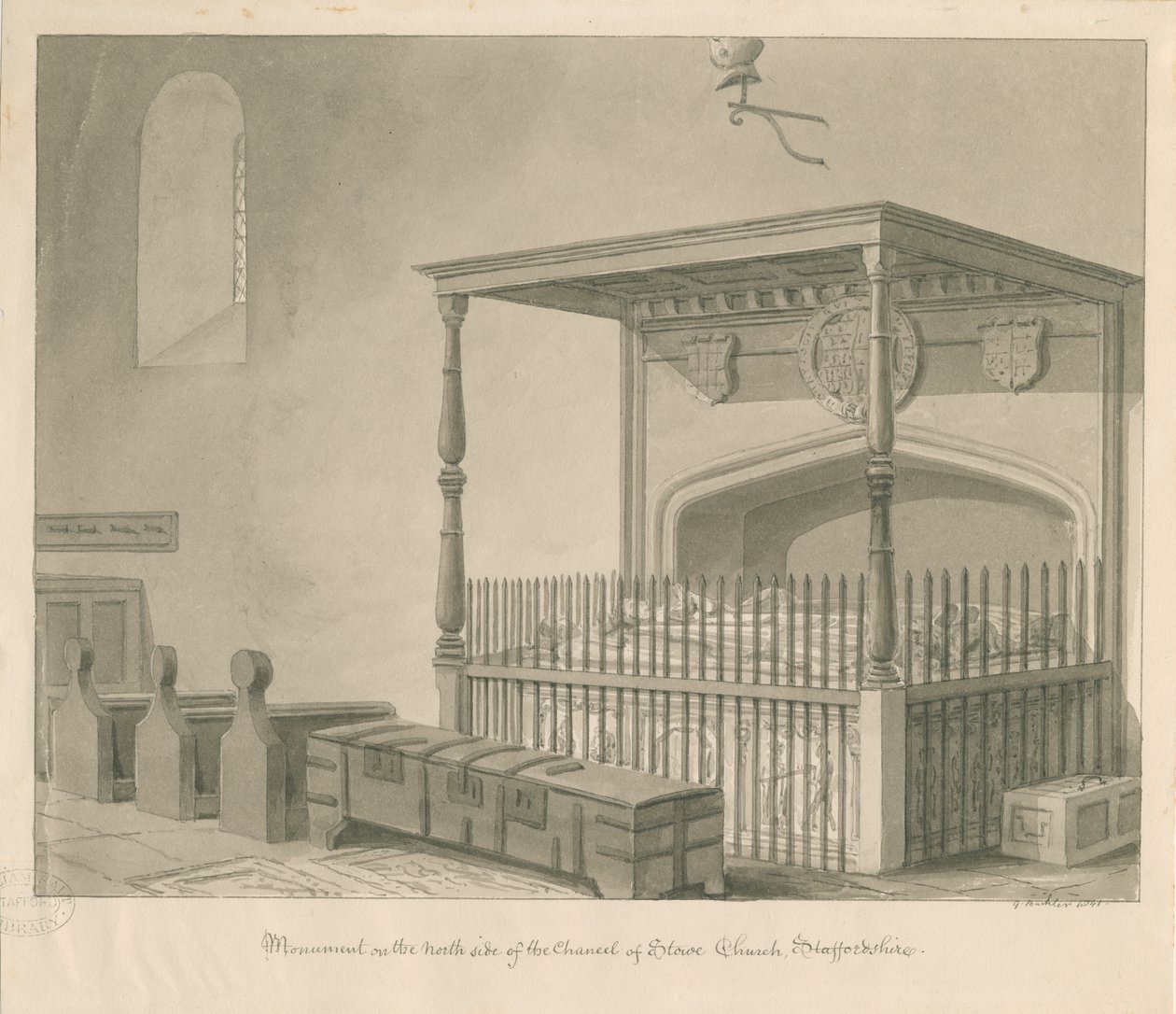 Stowe Church - Bordsgrav: sepiateckning, 1841 av George Buckler