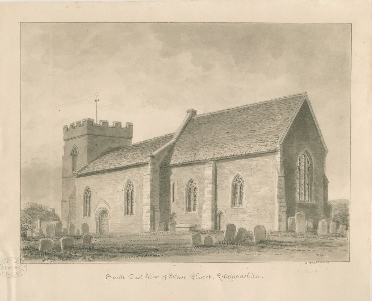 Stowe kyrka: sepia tvätt ritning av George Buckler