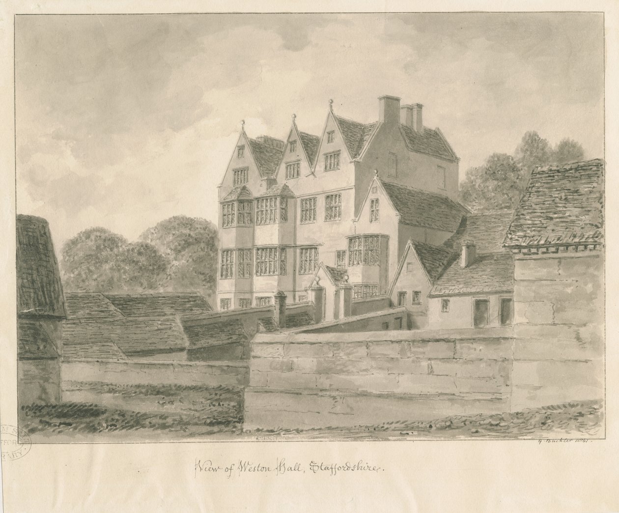 Weston-on-Trent - Hall: sepiateckning, 1841 av George Buckler