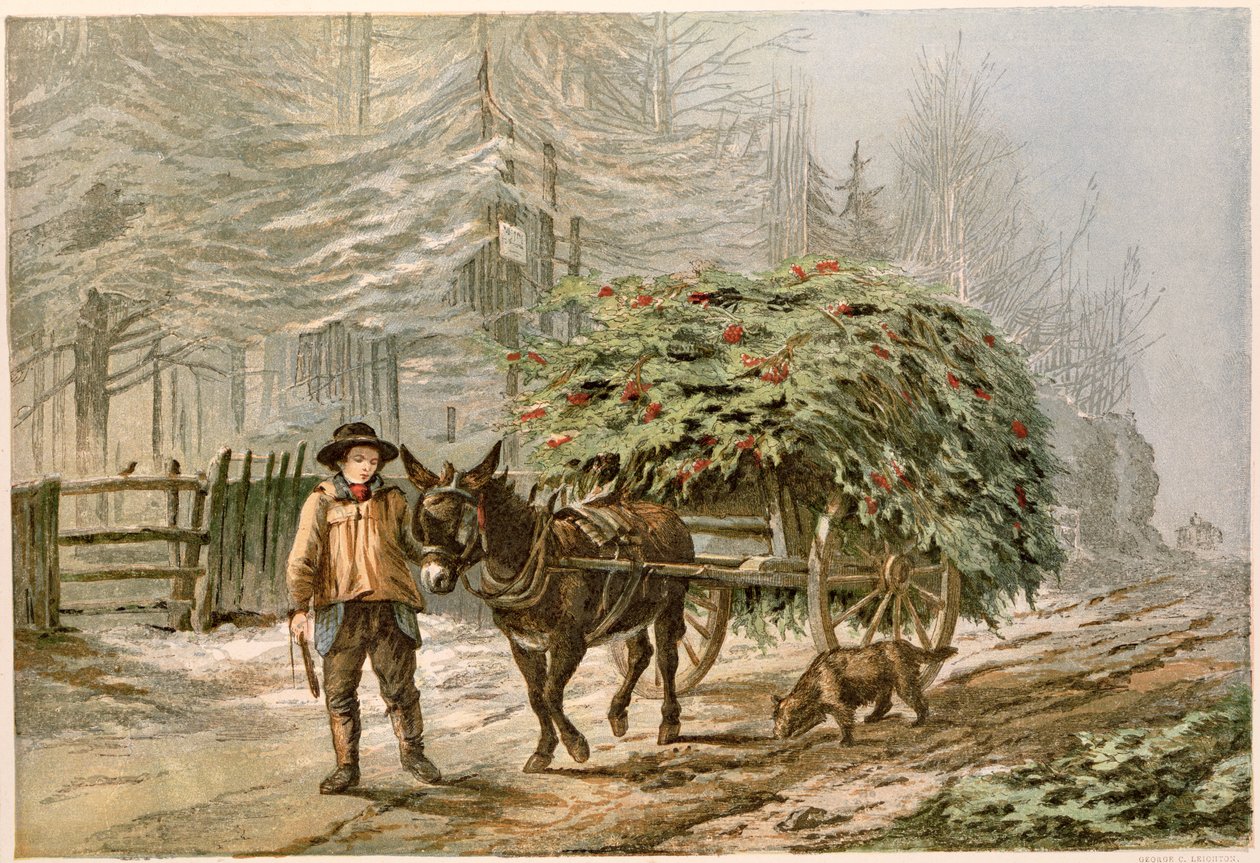 Pojke som leder en åsna och vagn, viktoriansk julkort chromolitho av George C. Leighton