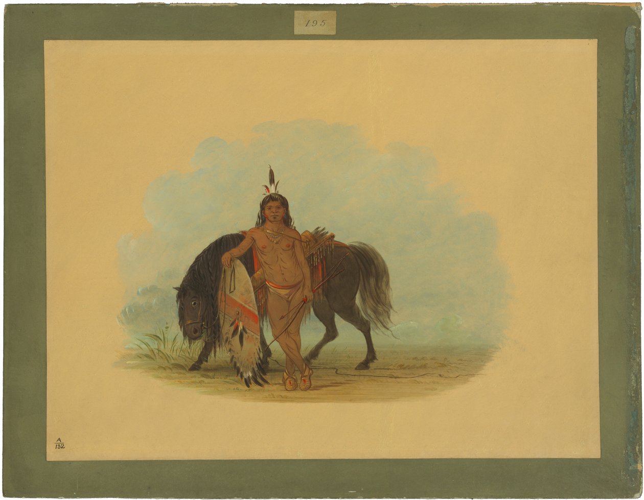En cheyennekrigare som låter sin häst vila av George Catlin