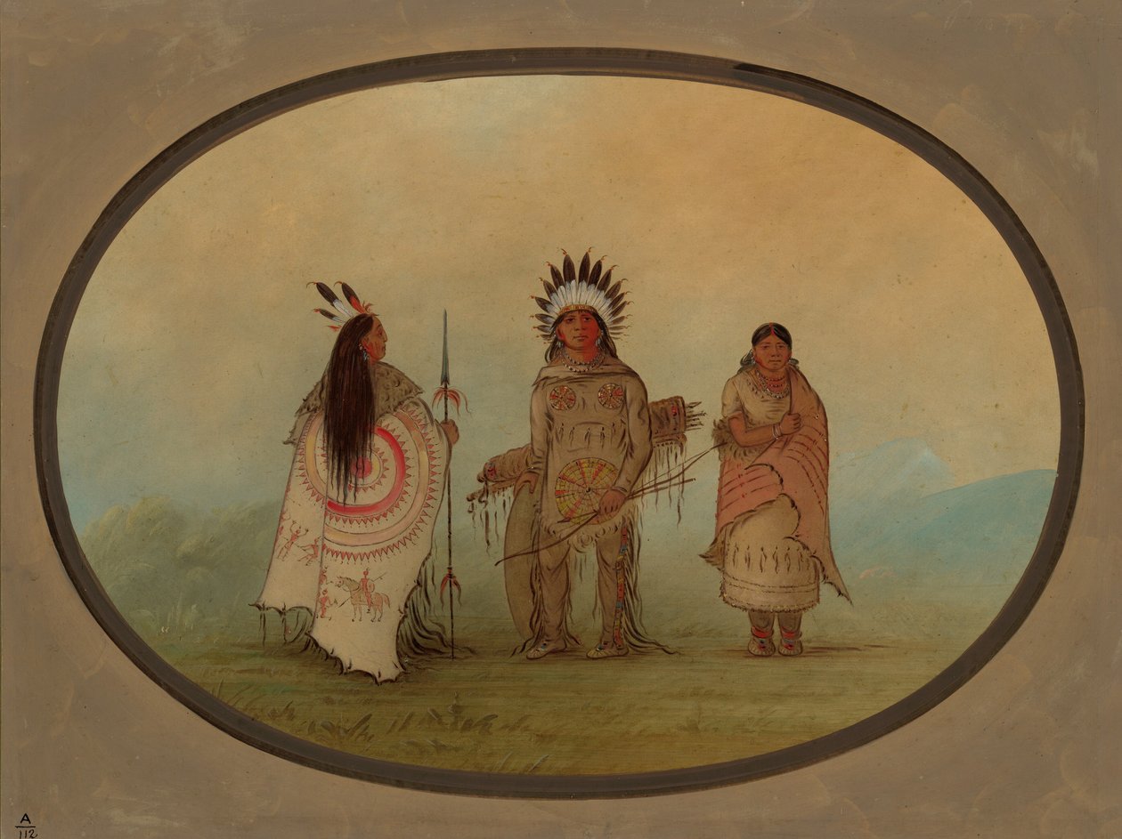 En kråkhövding, en krigare och hans fru, 18551869. av George Catlin