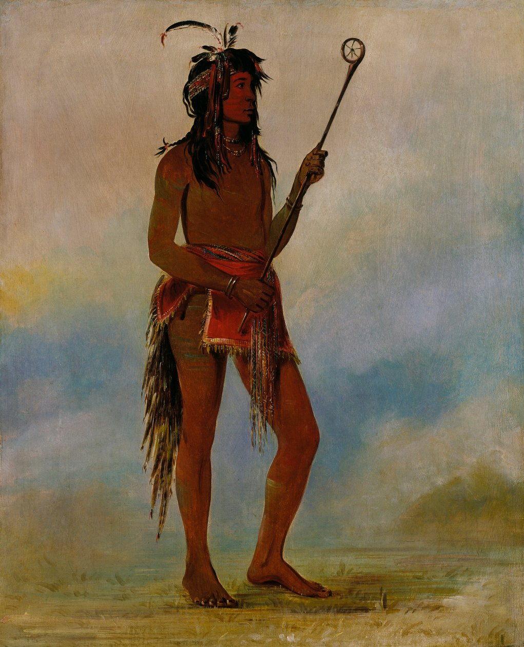 Ah-nó-je-nahge, han som står på båda sidor, en framstående bollspelare av George Catlin