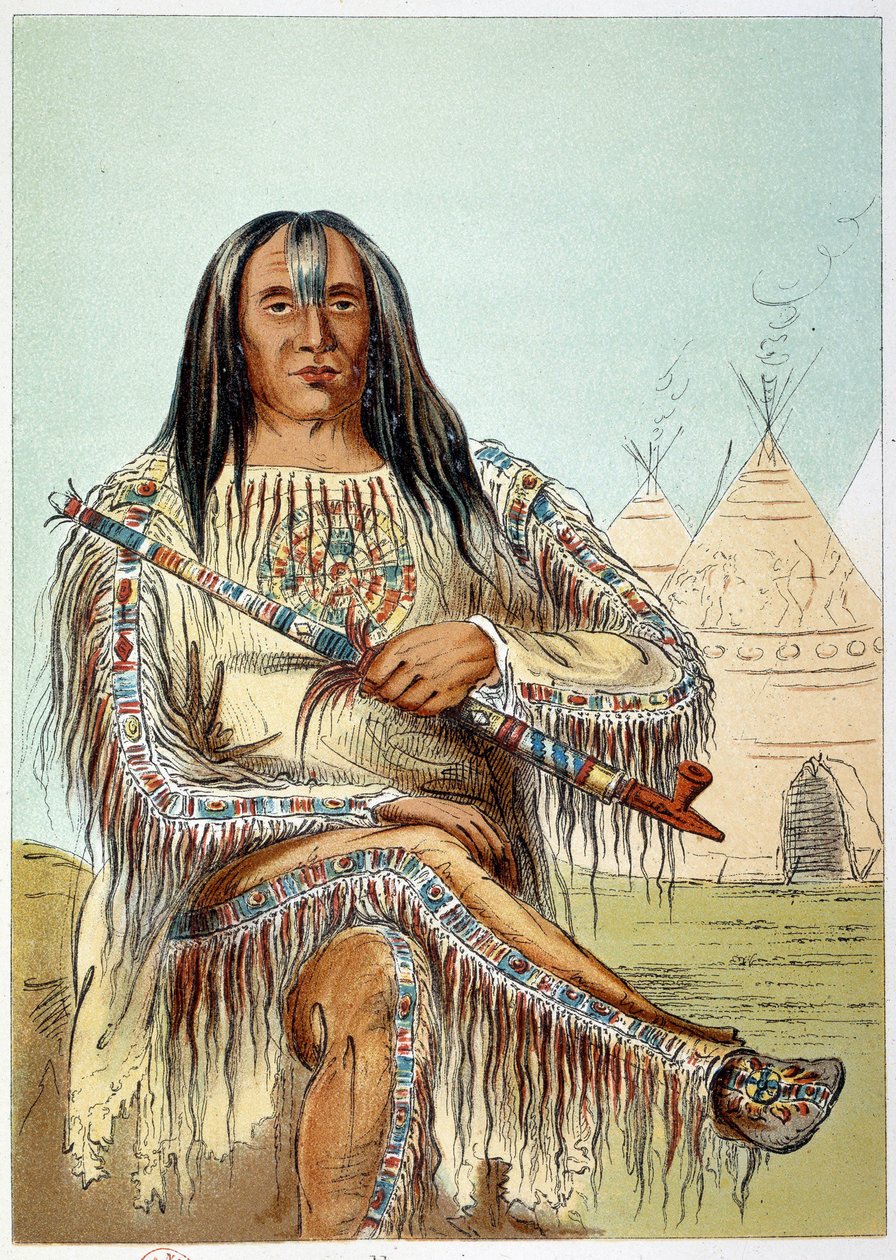 Amerikanska indianer: Porträtt av en ledare för svartfotsstammen (svarta fötter) i åldern cirka 50. Illustration av George Catlin (1794-1872) av George Catlin