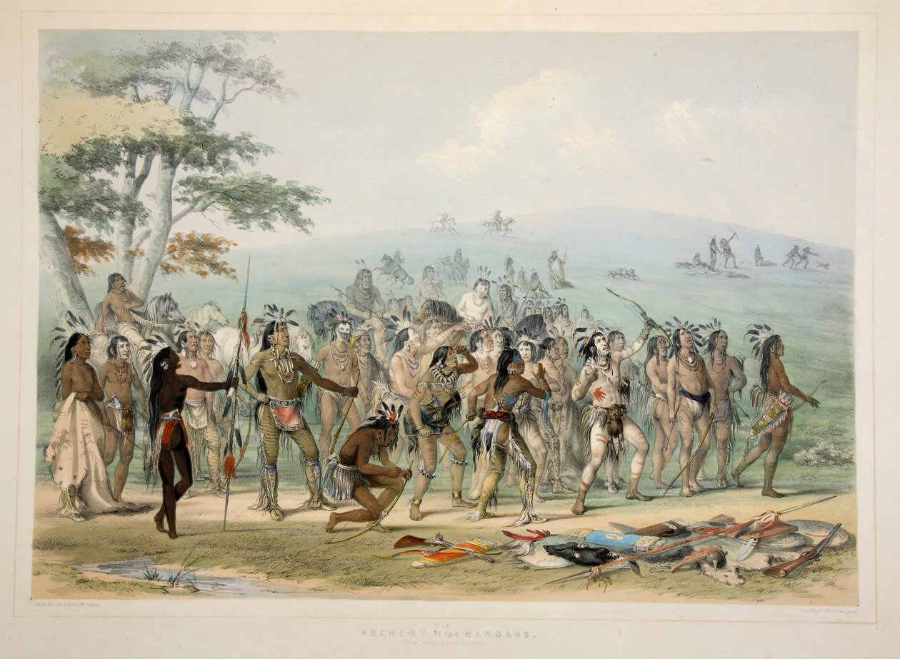 Bågskytte av Mandans, pub. 1845 färglitografi. av George Catlin