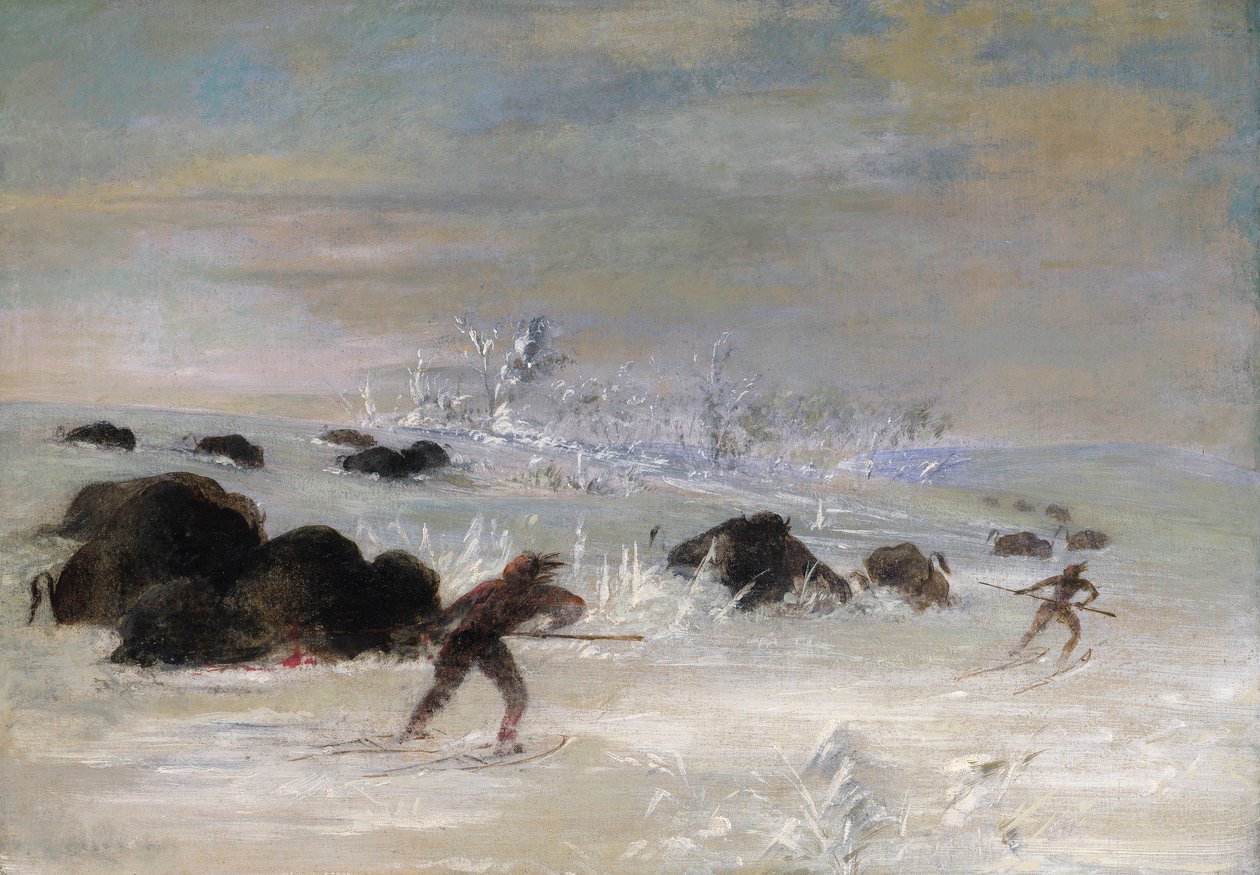 Assiniboine-indianer jagar bufflar på snöskor av George Catlin