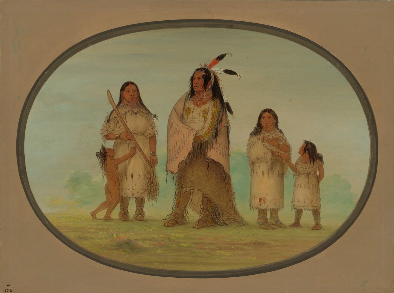 Assinneboine Warrior och hans familj, 18611869. av George Catlin