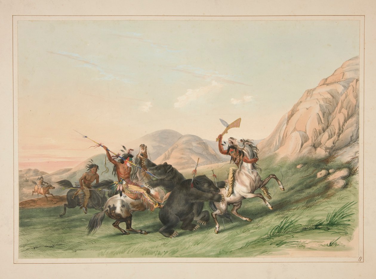 Att attackera Grizzlybjörnen, pl. 19 från North American Indian Portfolio av George Catlin