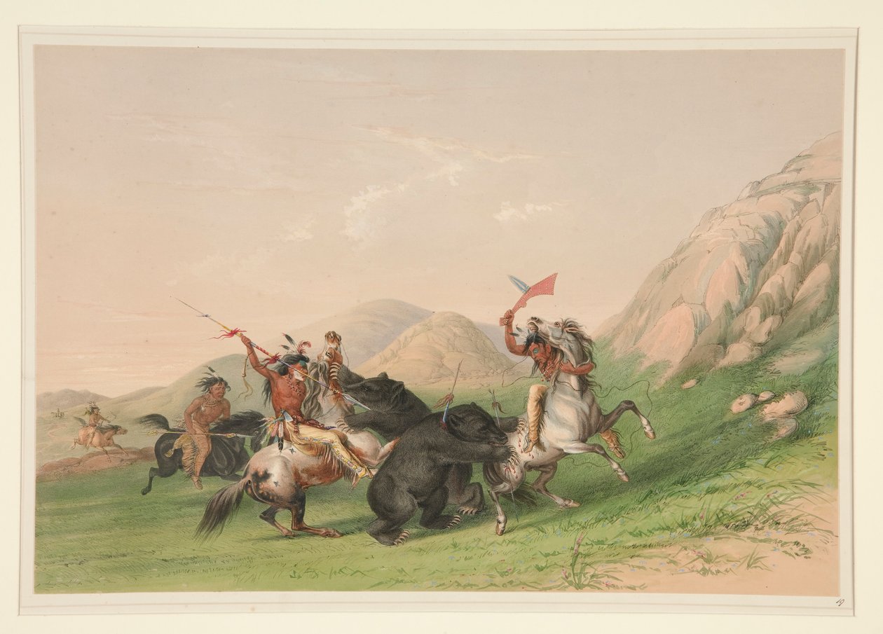 Att attackera Grizzlybjörnen, pl. 19 från North American Indian Portfolio av George Catlin