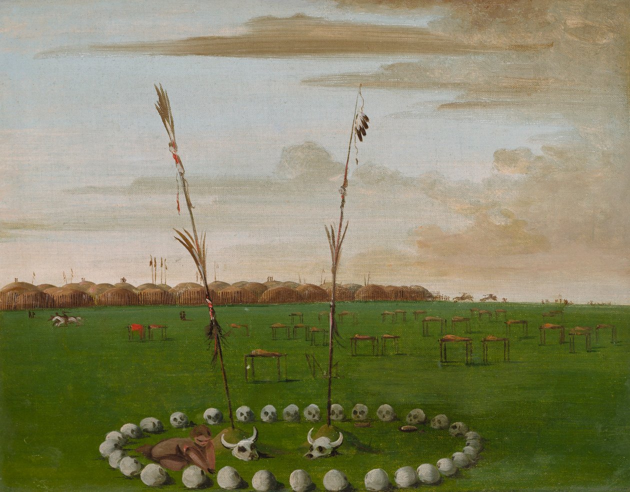 Vy bakåt över Mandan Village, med kyrkogården av George Catlin
