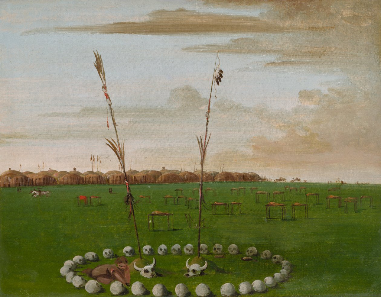 Bakifrån av Mandan Village, visar kyrkogården, 1832. av George Catlin