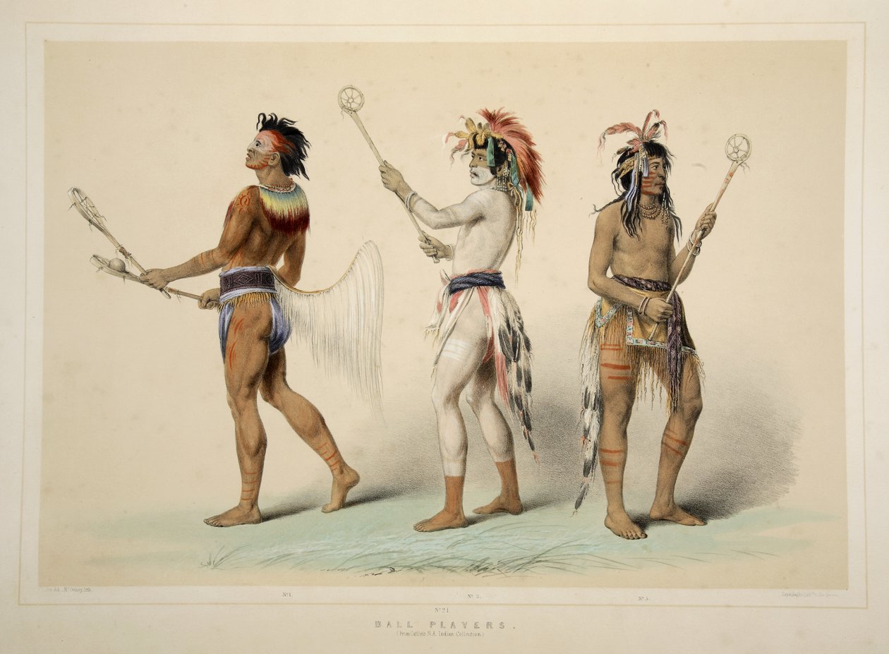 Ball Players, från Catlins North American Indian Portfolio. Jaktscener och nöjen i Rocky Mountains and Prairies of America, pub. 1845 av George Catlin