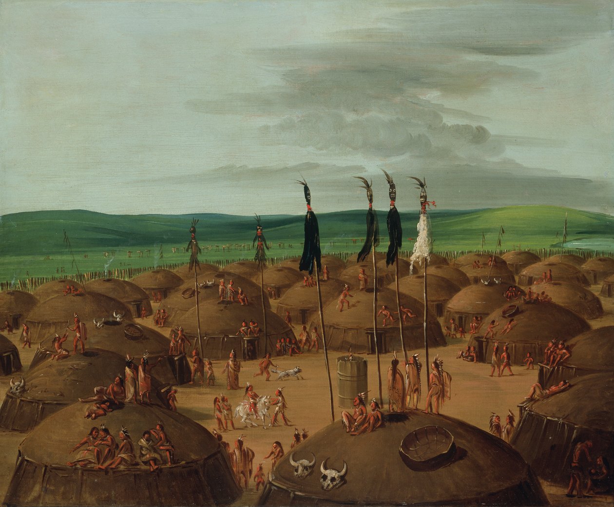 Fågelperspektiv över Mandan Village, 1800 Miles ovanför St. Louis, 1837-1839. av George Catlin