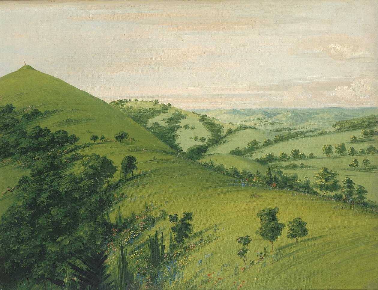Koltrastens grav, utsikt bakifrån, prärier emaljerade med blommor, 1832. av George Catlin