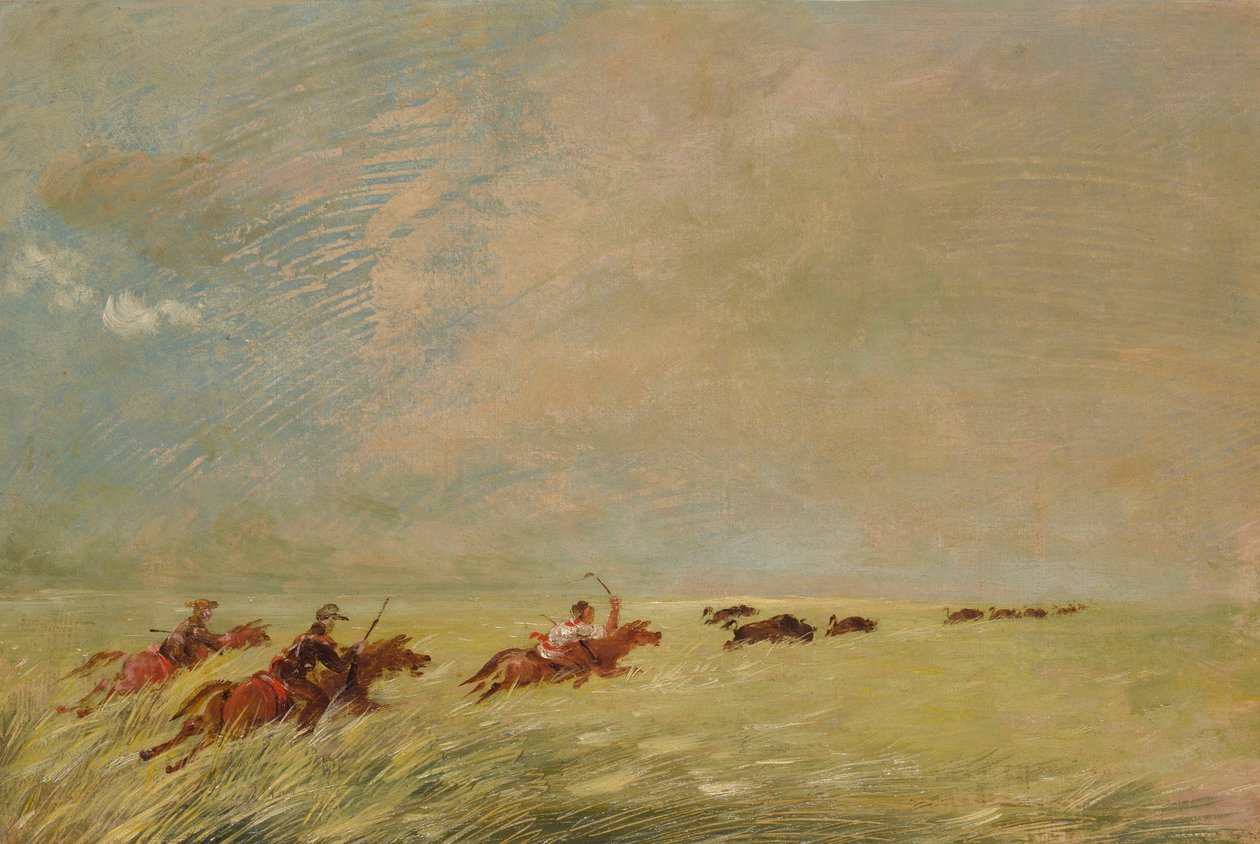 Bogard, Batiste och jag jagar bufflar i högt gräs på en botten i Missouri av George Catlin