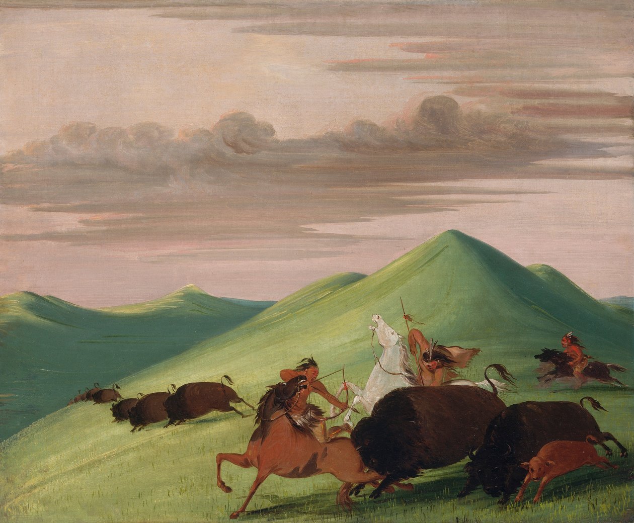 Buffalo Chase, tjur som skyddar en ko och en kalv av George Catlin