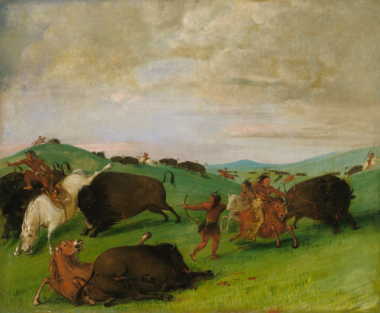 Buffalo Chase, tjurar som strider mot män och hästar, 1832-1833. av George Catlin