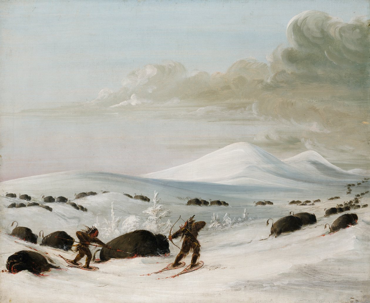 Buffeljakt i snödrivor, indianer som jagar på snöskor, 1832-1833. av George Catlin
