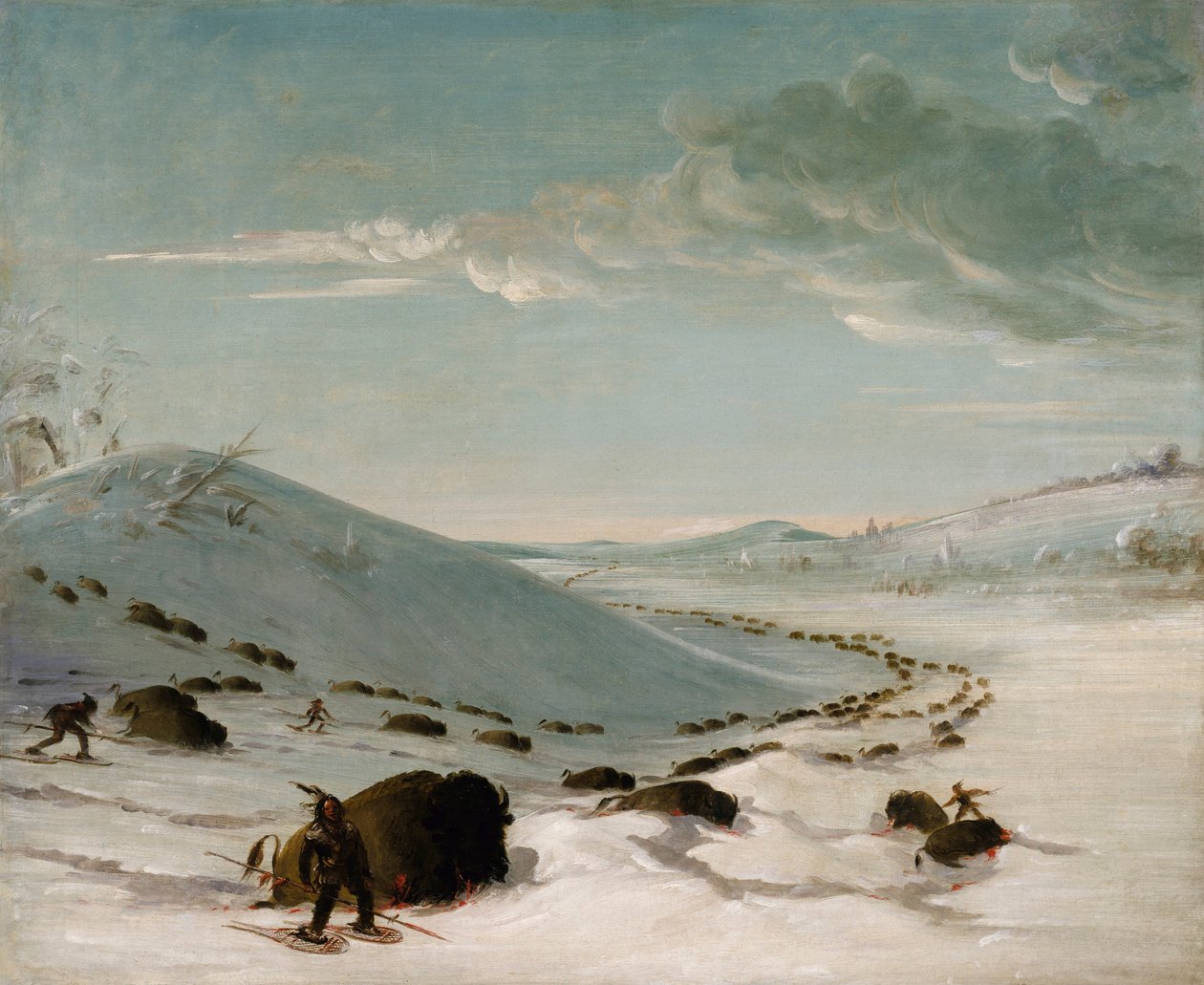 Buffalo Chase på vintern, indianer på snöskor av George Catlin