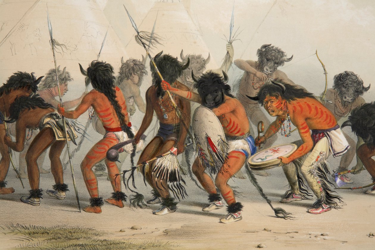 Buffalo Dance detalj, pub. 1845 färglitografi. av George Catlin