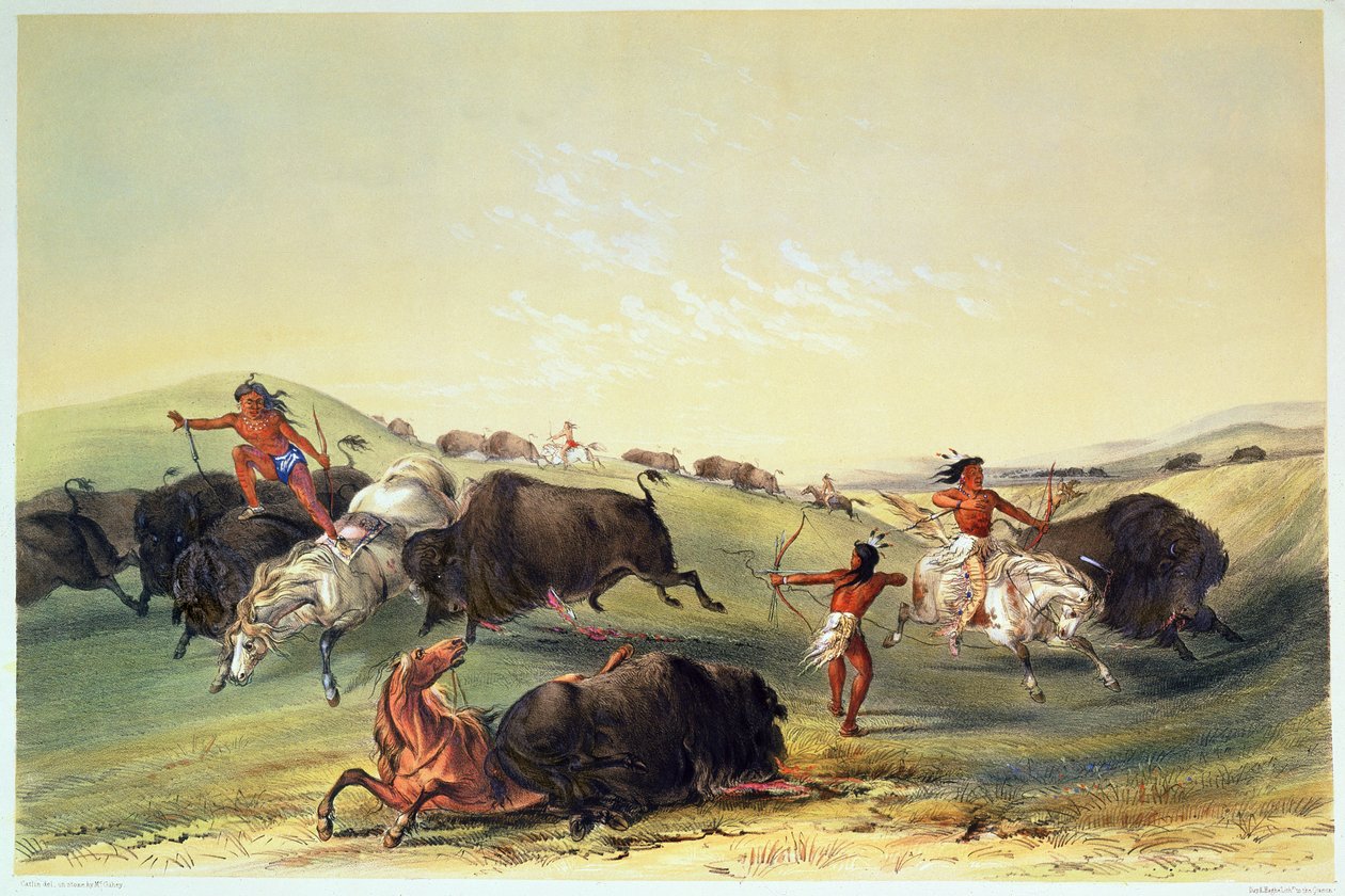 Buffalo Hunt, tallrik 7 från Catlins North American Indian Collection, graverad av McGahey, Day och Haghe av George Catlin