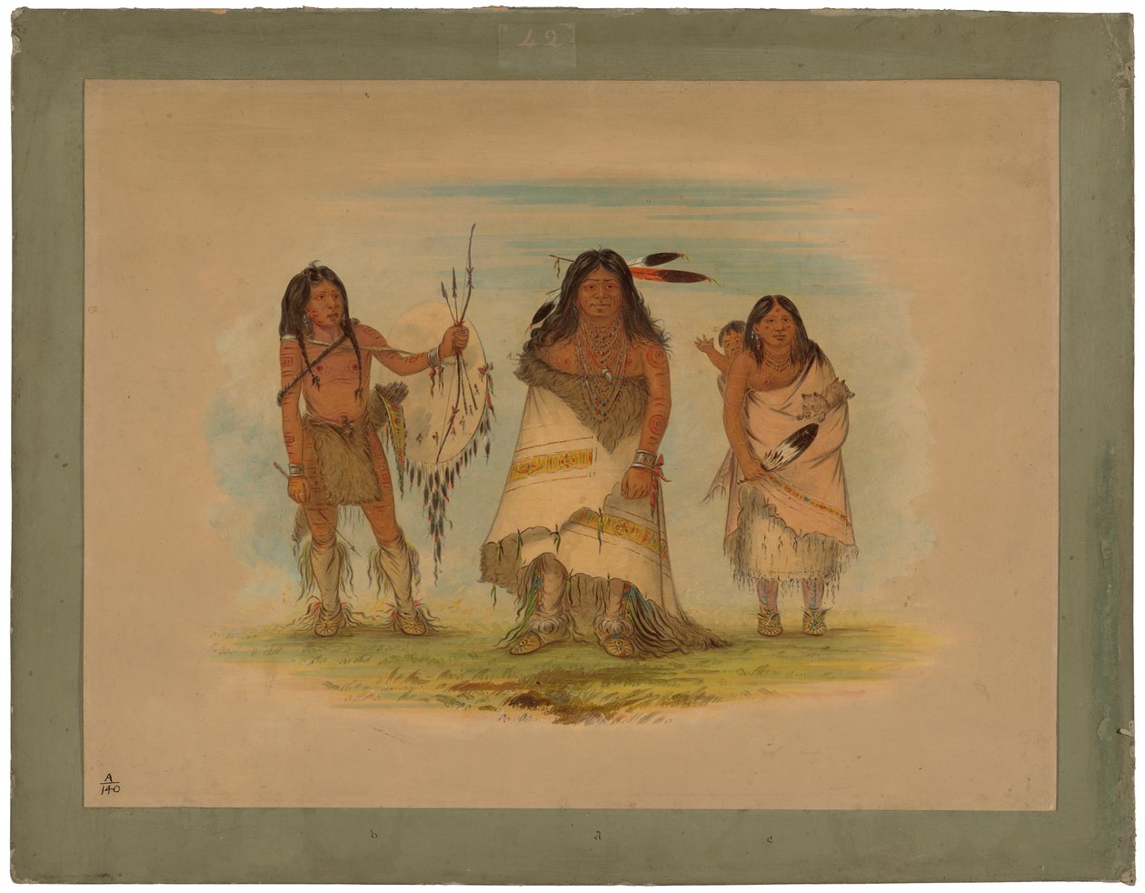 Comanche Chief, His Wife and a Warrior, 1861 (olja på kort monterad på kartong) av George Catlin
