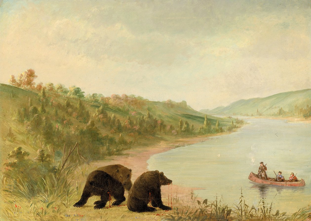 Catlin och hans män i sin kanot, uppmanas att gå i land, Upper Missouri av George Catlin
