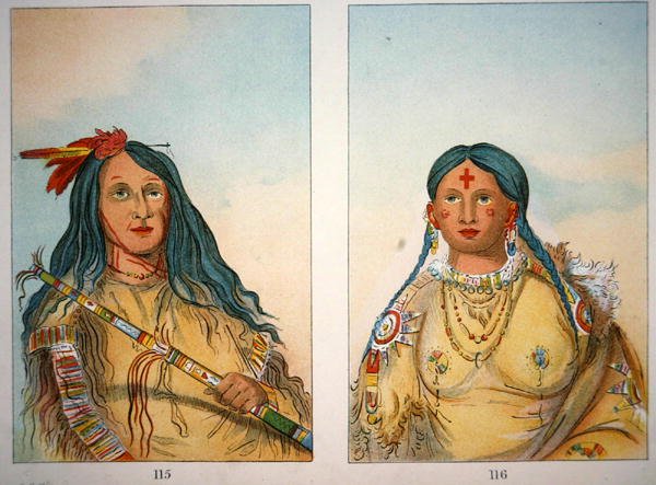 "Chief Wolf on the Hill" och hans fru "Hon som badade sina knän" av George Catlin