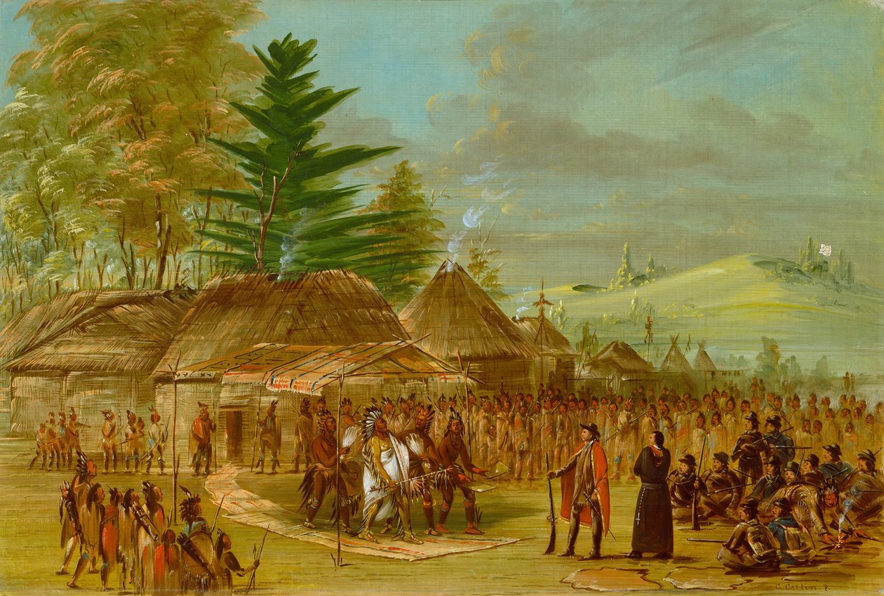 Chef för Taensa-indianerna som tar emot La Salle. 20 mars 1682 av George Catlin