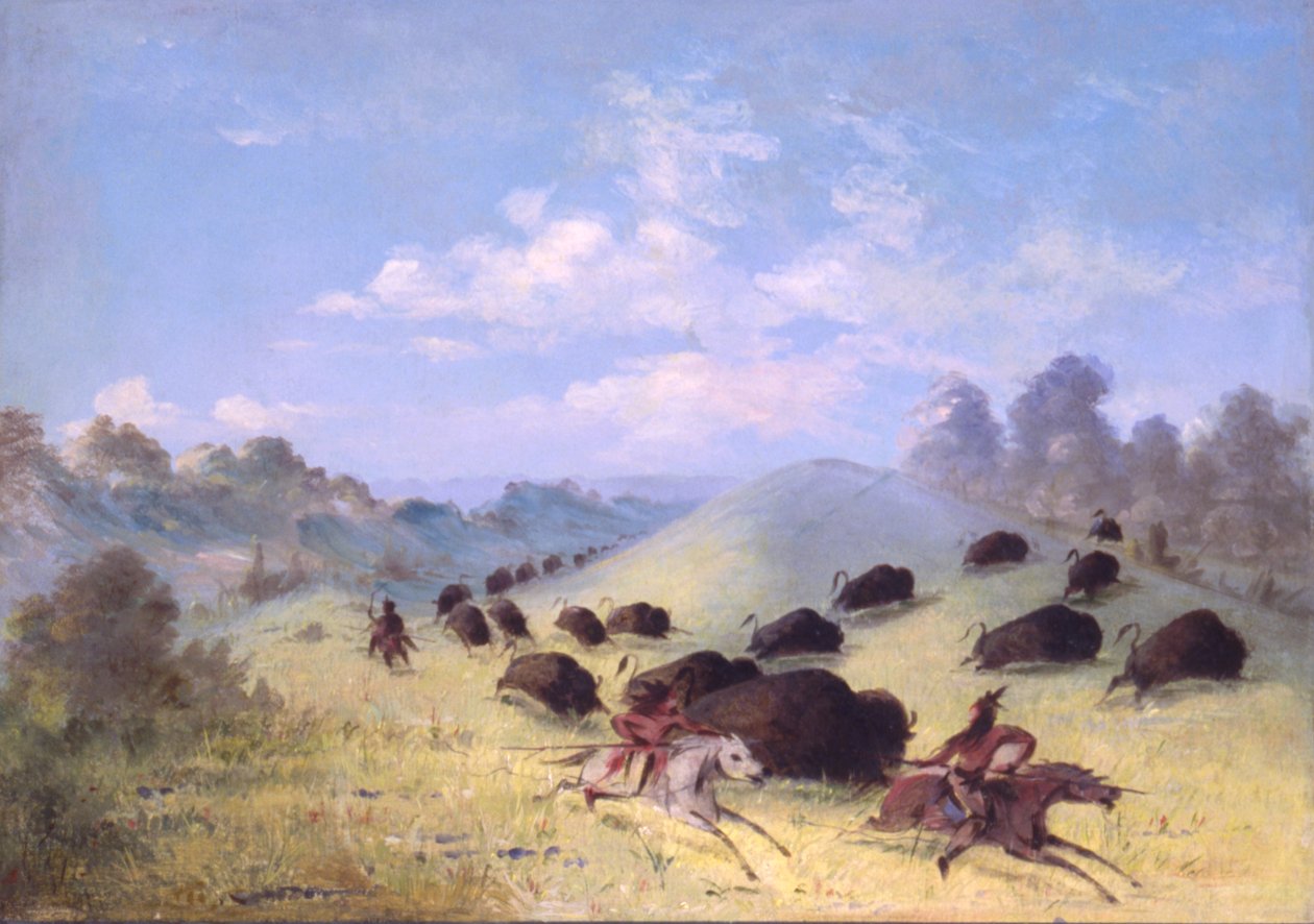 Comanche-indianer som jagar buffel med lansar och pilbågar, 1846-1848. av George Catlin