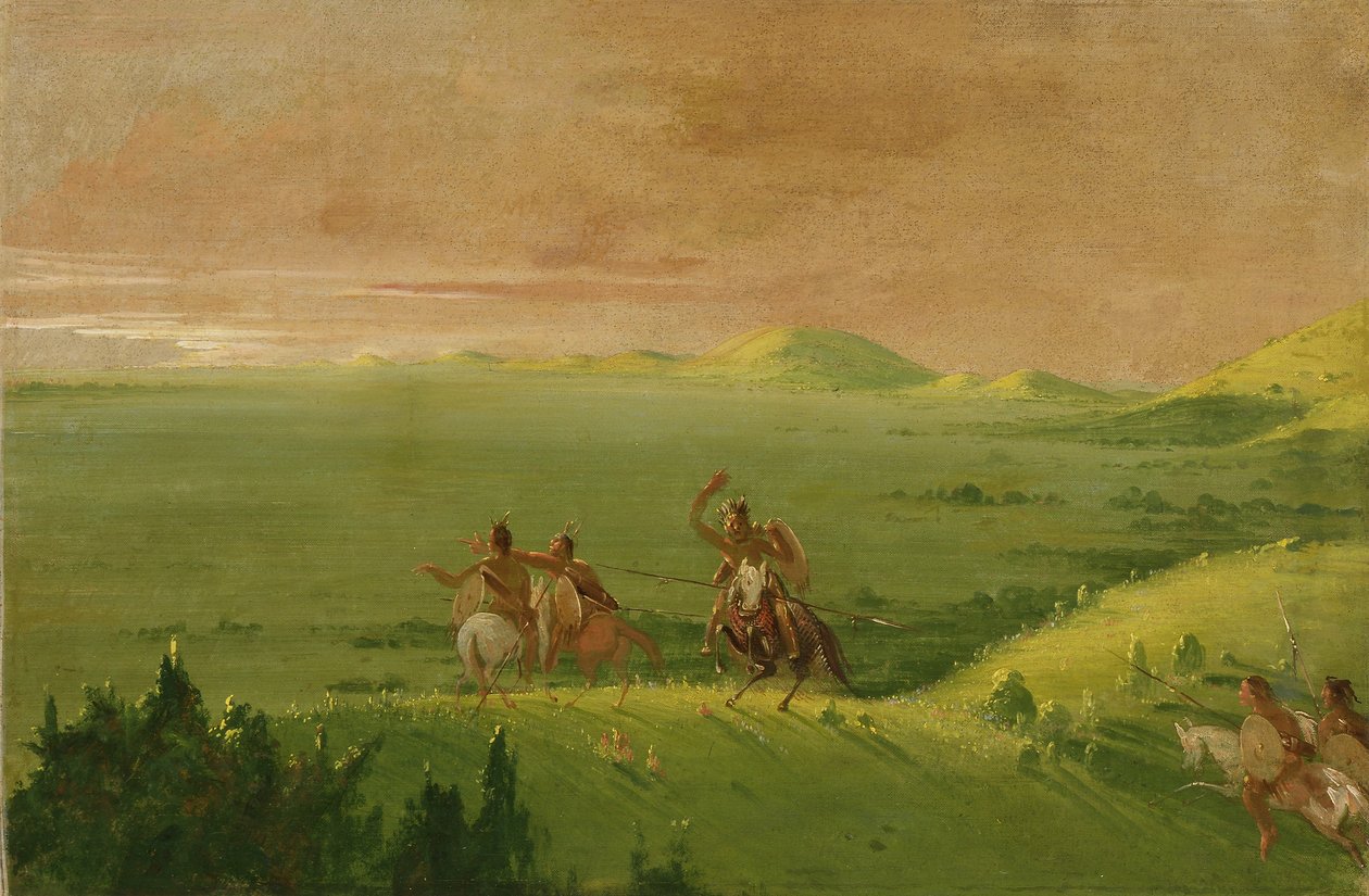 Comanche War Party, hövding upptäcker fienden och uppmanar sina män vid soluppgången av George Catlin