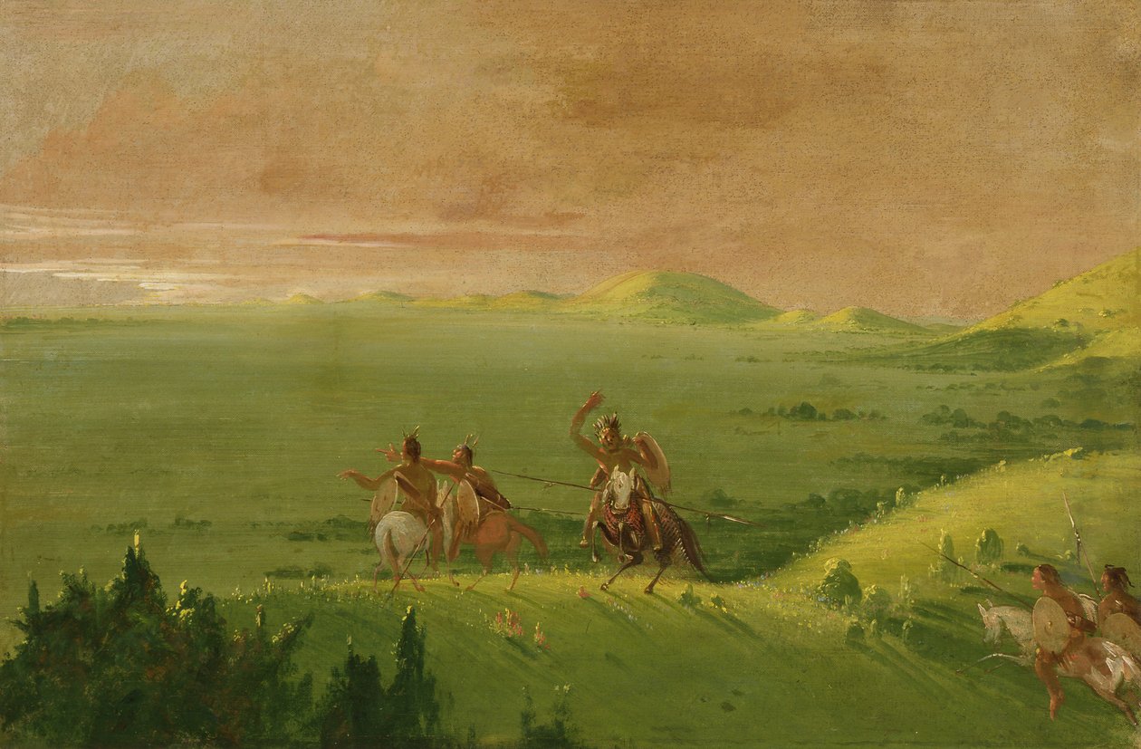 Comanche War Party, chef som upptäcker fienden och uppmanar sina män vid soluppgången, 1834-1835. av George Catlin