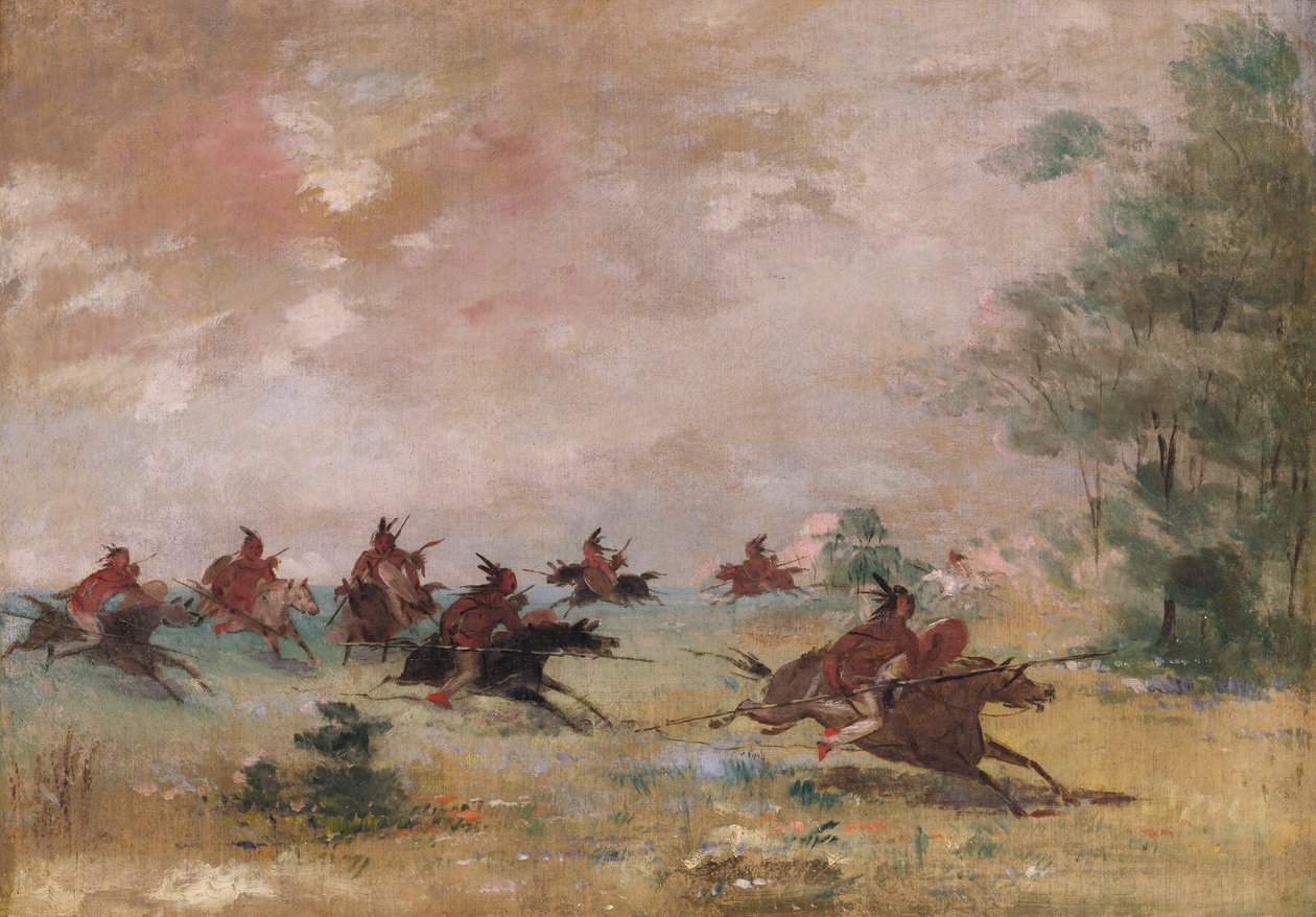 Comanchernas krigsdelegation, ridande på vilda hästar av George Catlin