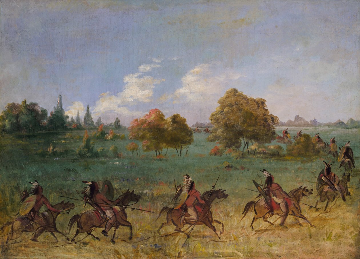 Comanche krigsfest på mars, fullt utrustad, 1846-1848. av George Catlin