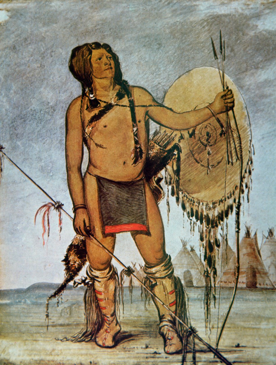 Comanche krigare med en sköld, lans och båge och pilar, c.1835 (färg litho) av George Catlin