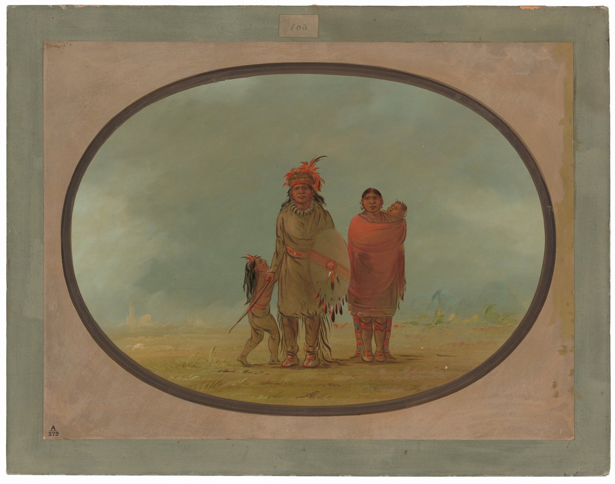 Kopparhövding, hans fru och barn av George Catlin