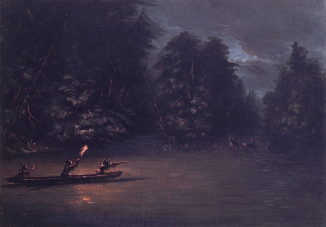 Hjortjakt med facklor i barkbåtar av George Catlin