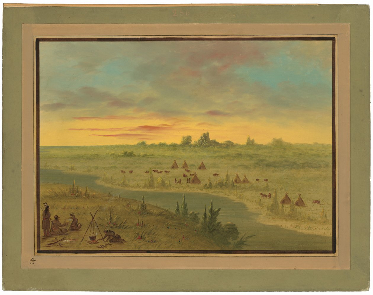 Läger av Pawnee-indianer vid solnedgången av George Catlin