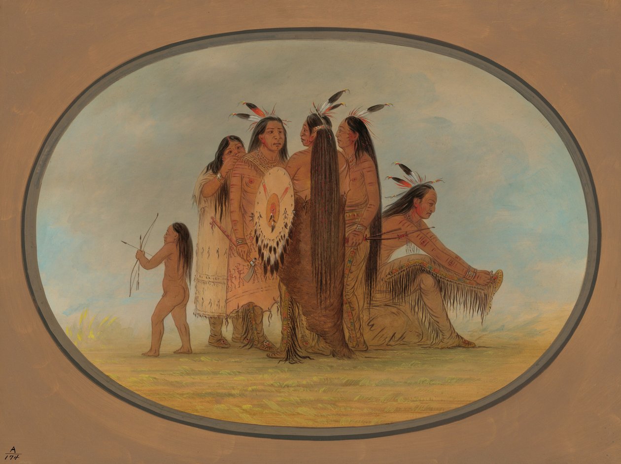 Fyra Mandan-krigare, en flicka och en pojke, 18611869. av George Catlin