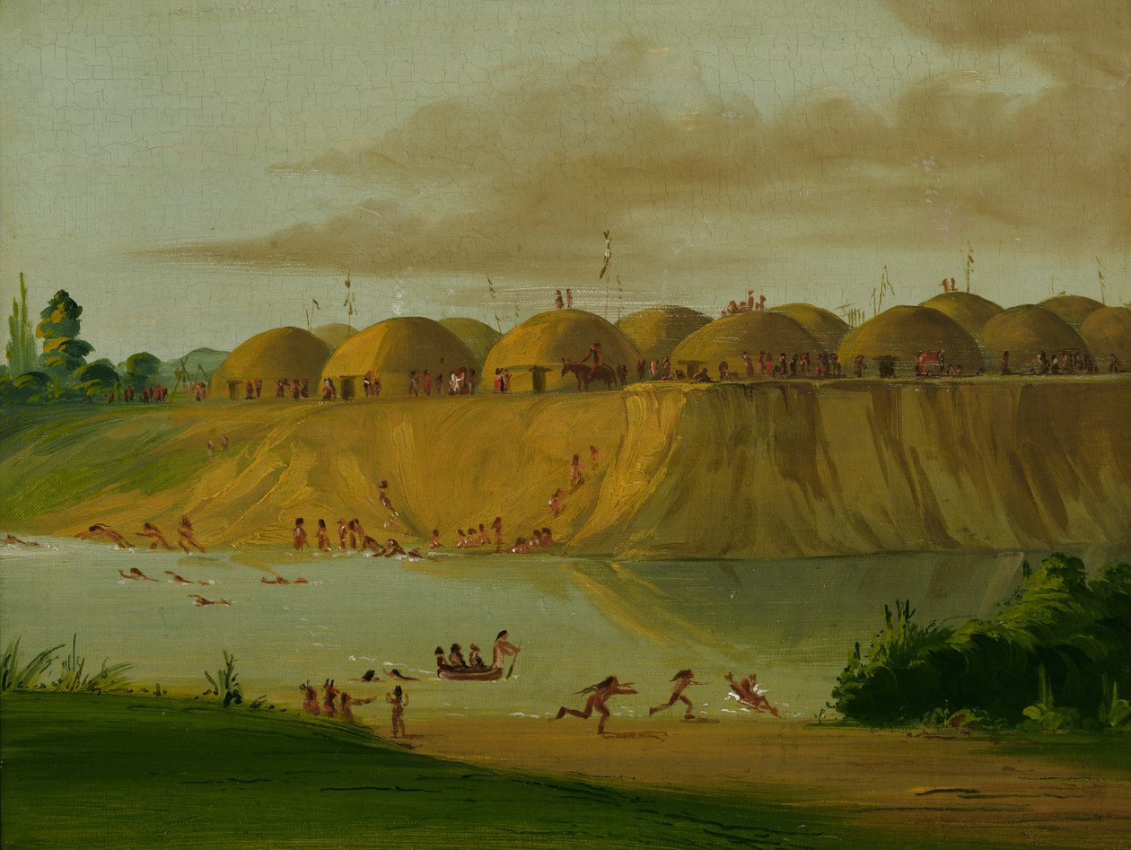 Hidatsa Village, jordtäckta loger, vid Knife River, 1810 Miles ovanför St. Louis, 1832. av George Catlin