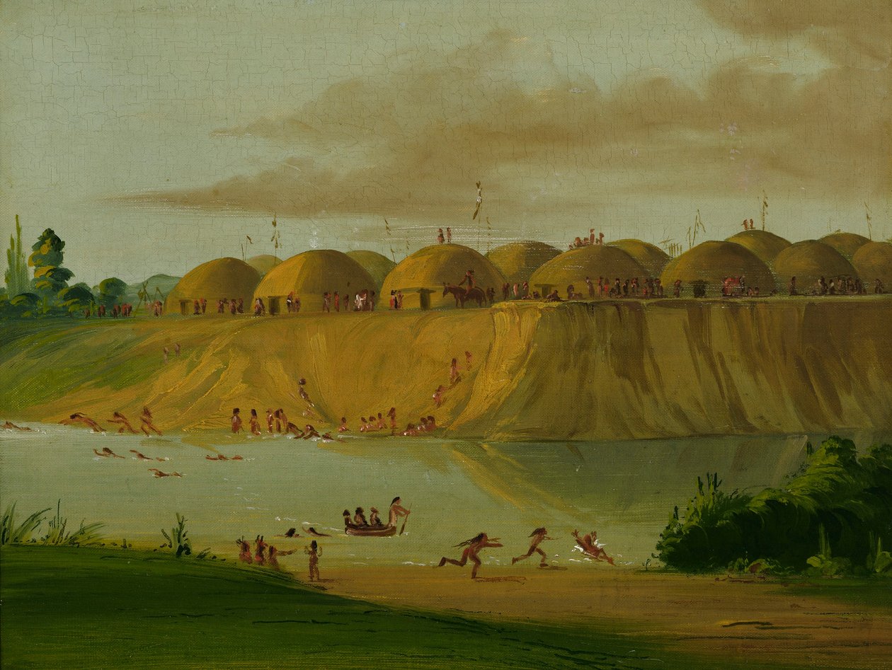 Hidatsa Village, jordtäckta loger, vid Knife River, 1810 miles ovanför St. av George Catlin