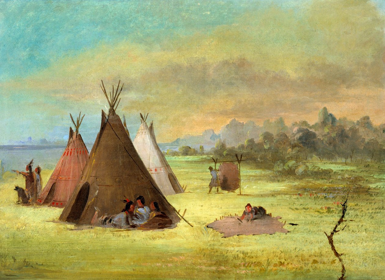 Indianläger, Comanche (eller Kiowa) som klär på skinn, Red River av George Catlin