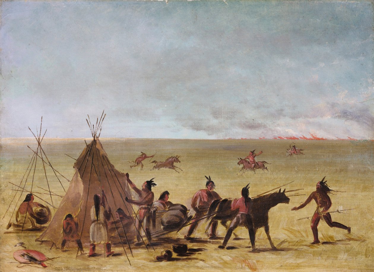 Indianfamilj oroas av att en präriebrand närmar sig av George Catlin
