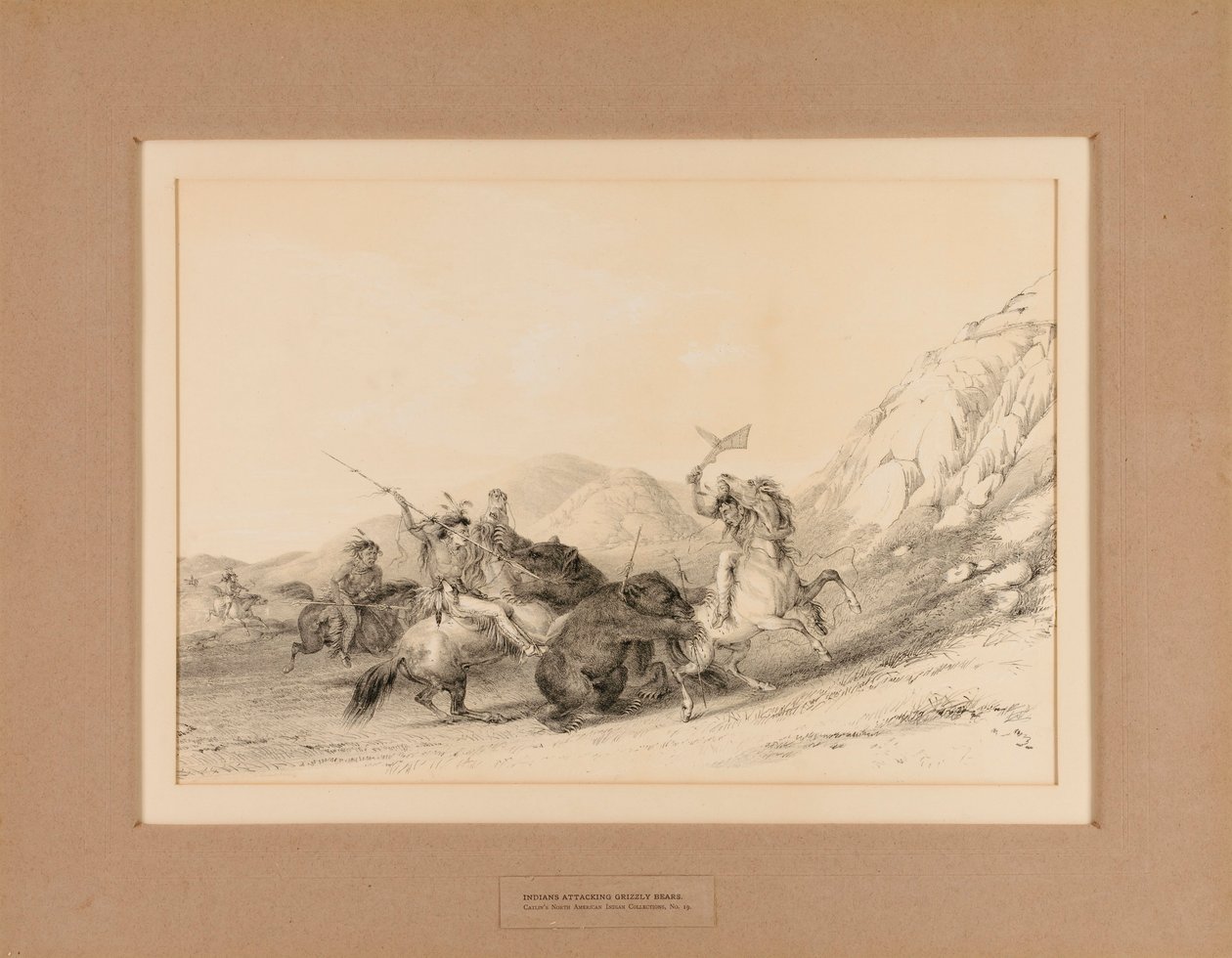 Indianer attackerar Grizzlybjörnar - nr 19 av George Catlin