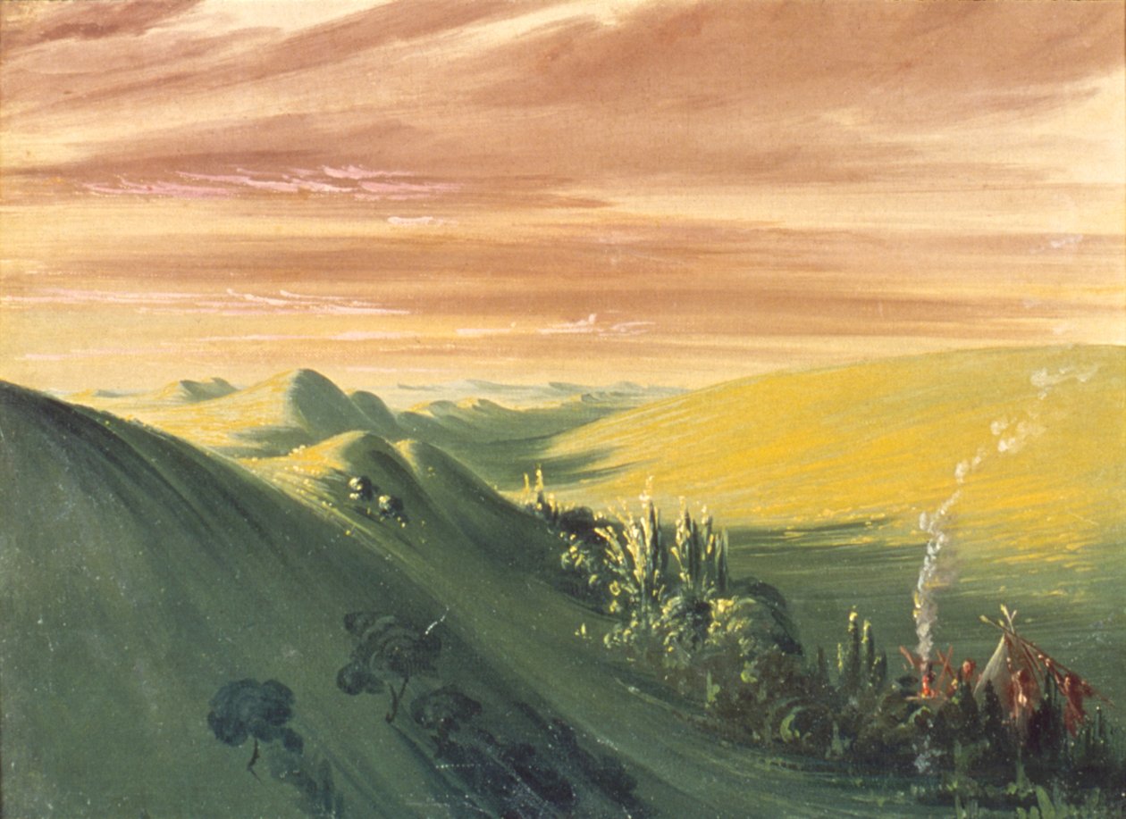 Indianläger vid solnedgången, övre Missouri av George Catlin
