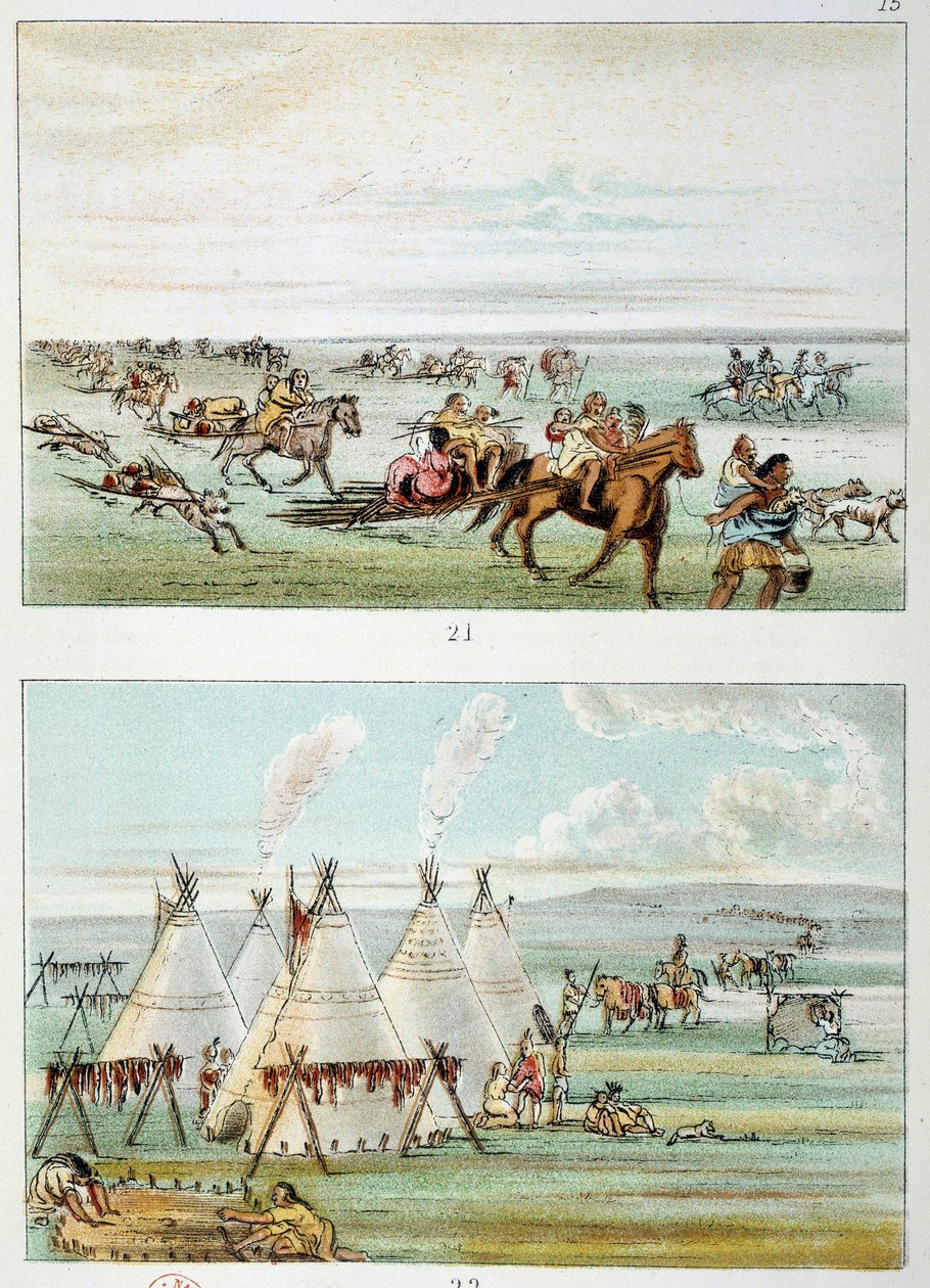 Indians of America: (överst) stam som rör sig med skinn till salu. (Nedre) stam på 500 till 600 tipi. Illustration av George Catlin (1794-1872) av George Catlin
