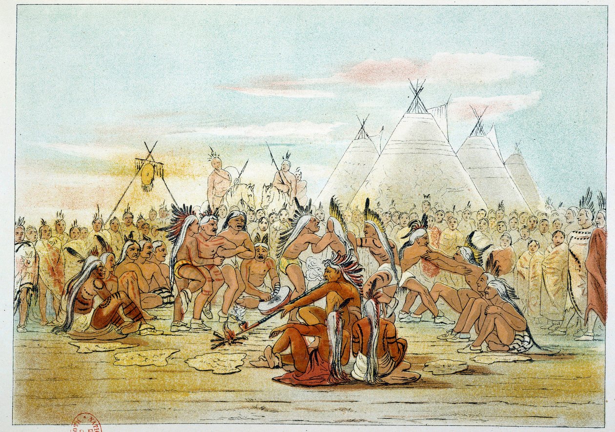 Indians of America: Assiniboin-stam som liknar Sioux-dansande pipdans. Illustration av George Catlin (1794-1872) av George Catlin