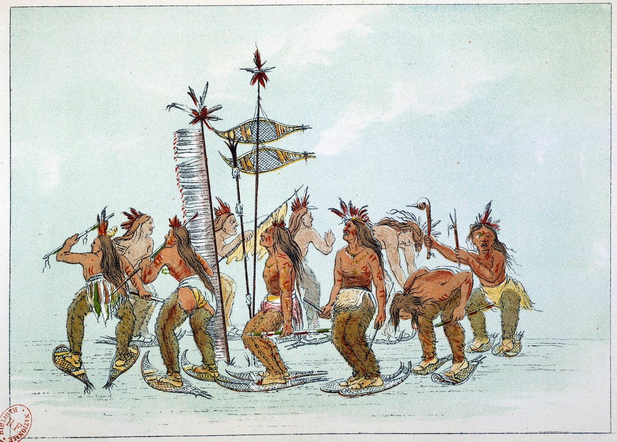 Indians of America: Dans av snöskon i Chippeway-stammen. Illustration av George Catlin (1794-1872) av George Catlin