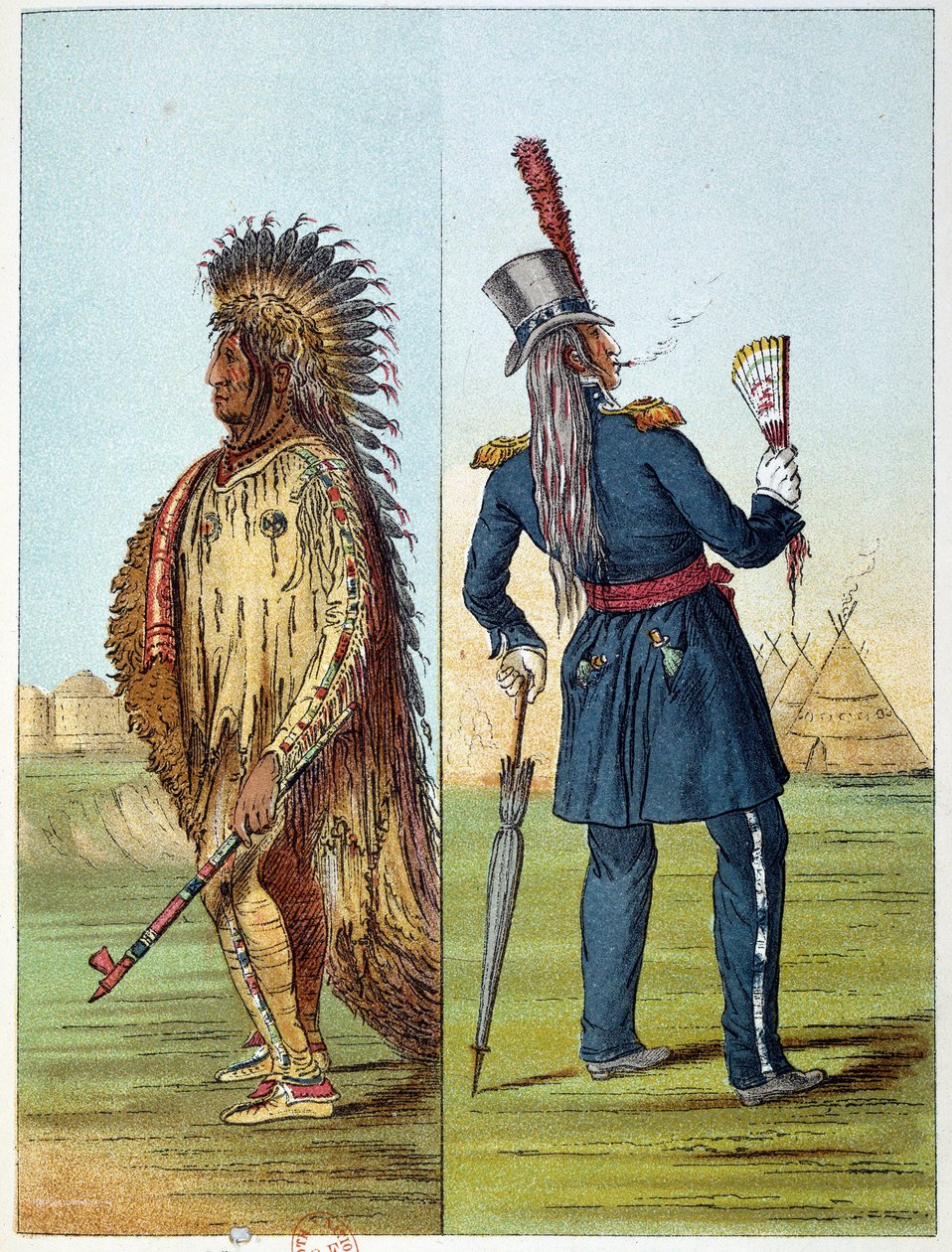 Indians of America: Indisk assiniboine-veterinär i militär i fickorna två flaskor whisky. Illustration av George Catlin (1794-1872) av George Catlin