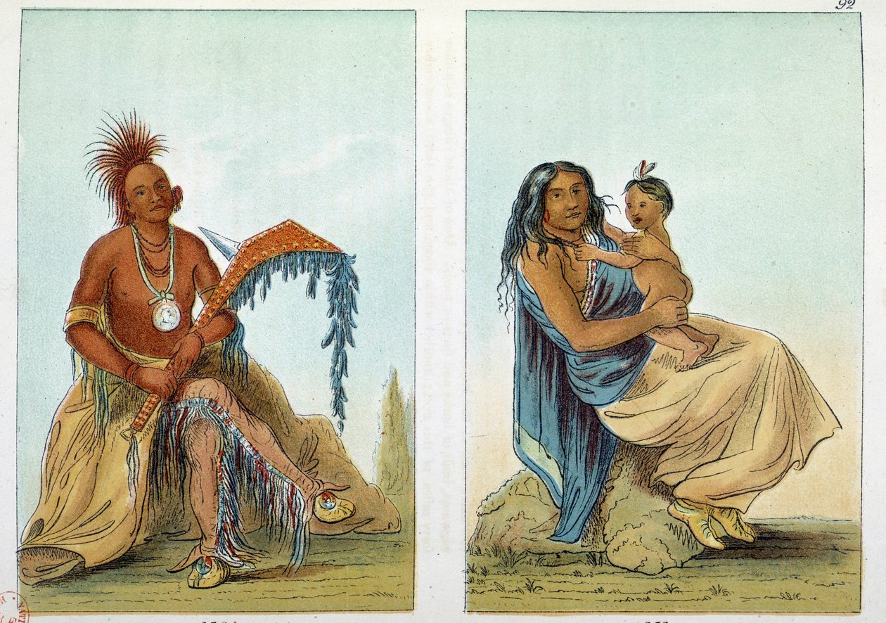 Indianer i Amerika: Porträtt av en ledare för Osage-folket kallar Clermont med sin fru och son. Illustration av George Catlin (1794-1872). av George Catlin